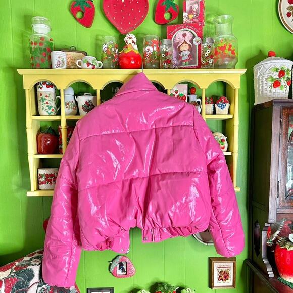 cute bubble gum coquettecore pink plus size shiny puffy puffer coat jacket - Picture 4 of 7
